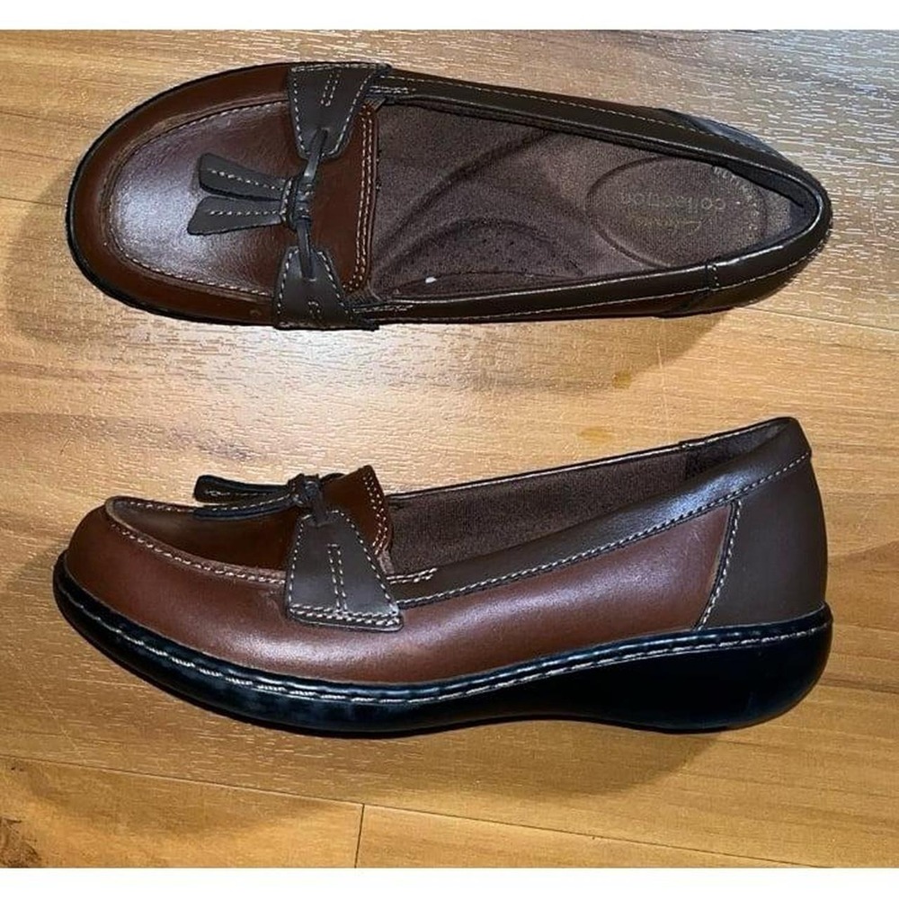 Womens Clarks Ashland Bubble Brown Leather Tassel Slip On Loafer Shoes